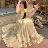 Heavy Industry 7-Meter Swing French Holiday Chopped Fresh Snowflake Short-Sleeved Sling Dress 2026 Summer Skirt