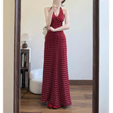 French Retro Sweetheart V-Neck Red Wave Dot Hanging Neck Dress Women's Summer Bare Back Strap With Sleeveless Vest Dress