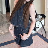 Summer Madrid Blue Soft Glutinous Cowboy Vest Half Skirt Suit 2026 Summer Half Dress Two Sets