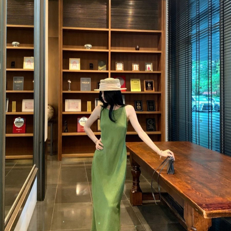 2025 Holiday Style Retro Green Vest Dress Women's Summer Waist Is Thin And Chic Niche Dress