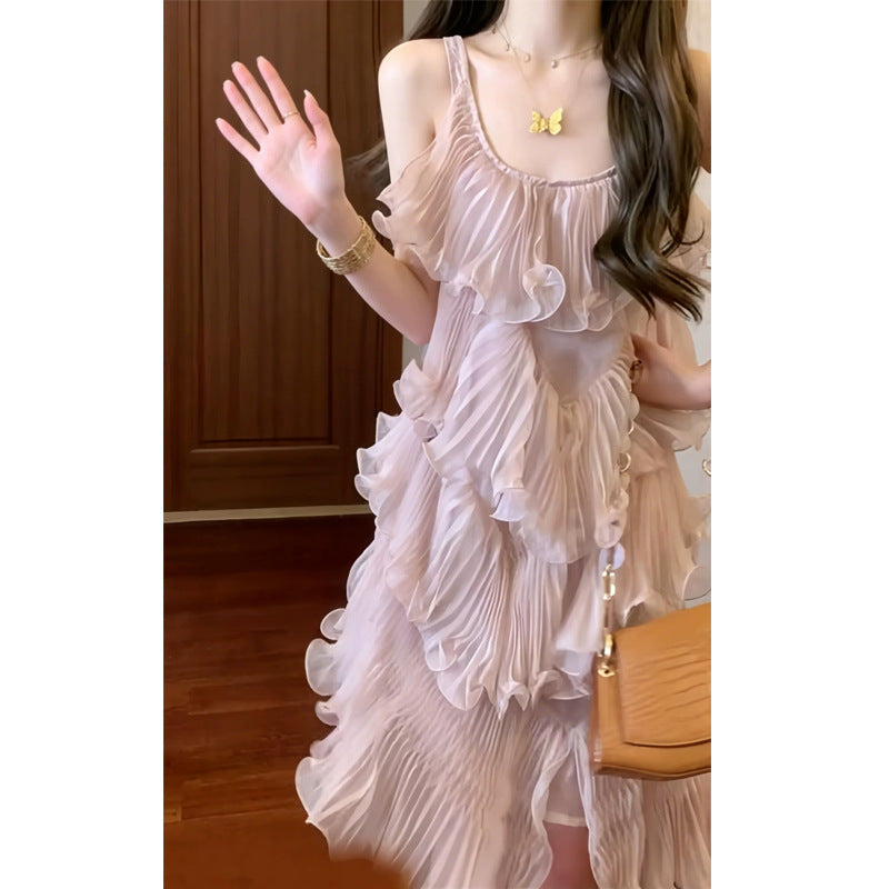 Temperament High-Grade Pressure Folding Heavy-Working Ponn Cake Sling Skirt Design Small Super-Looking Dress 26 Summer