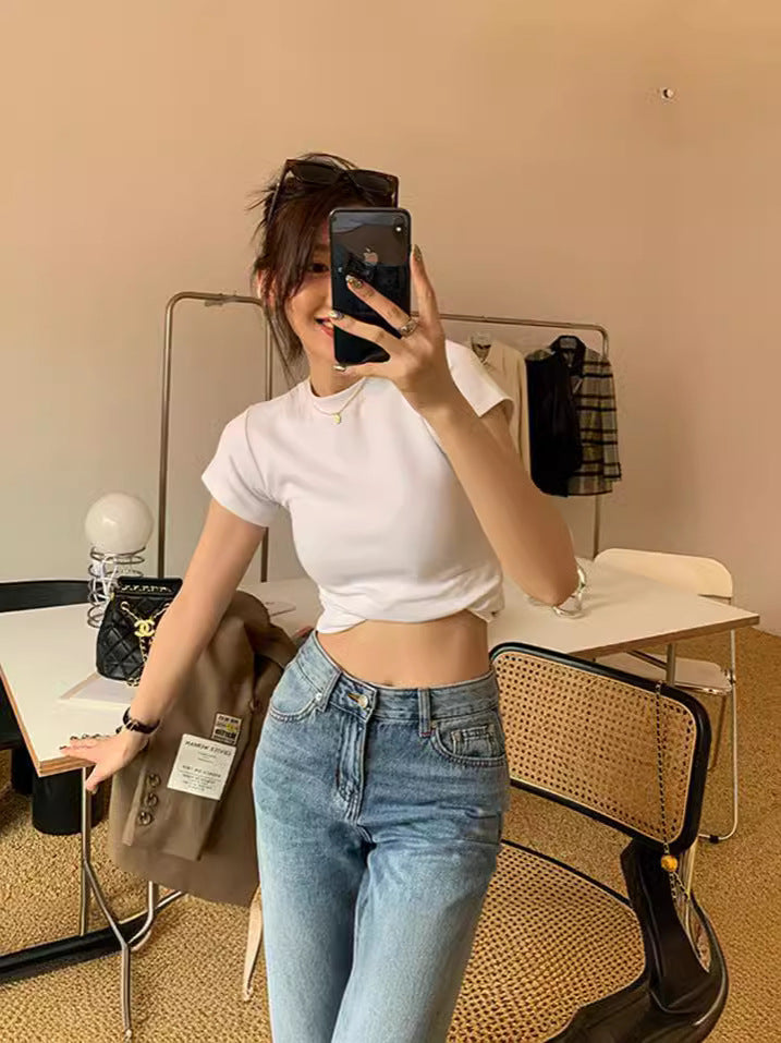 Solid Color Bottom Slim Short-Sleeved T-Shirt Women Summer Tide New Thin Short-Sleeved Top Woman