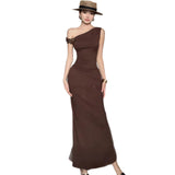 Temperament Famous æ·ç Folds To Close The Waist And Collared Shoulders Dress Women's New Summer Slimming And Hips Long Skirt