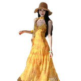 French Holiday Style Yellow Dizzling Fluttering With V-Neck Sling Dress High-End Women's Summer Show Back A Long Dress