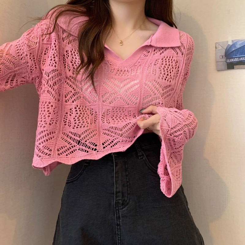 Kaning Hollow Design Hooded Long-Sleeved Knitted Shirt 2026 Autumn And Summer New Horn Sleeve Hottie Top Girl