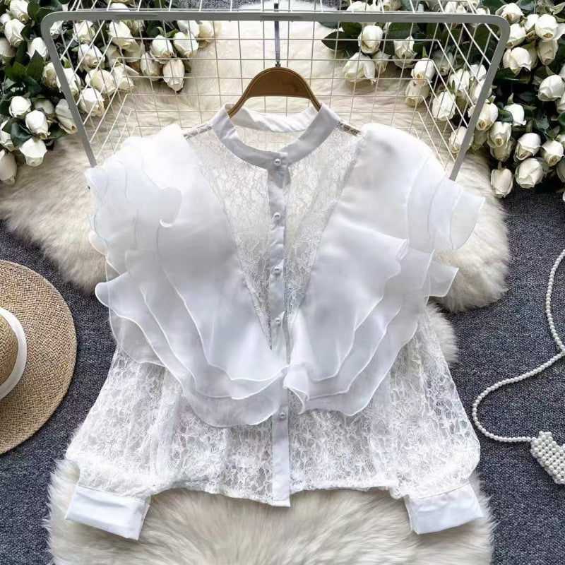French Small Luxury Three-Dimensional Lotus Side Splicing Round Collar Pearl Single Buckle Lace Jersey Top
