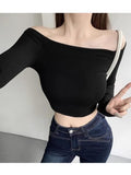 Ins Pure Lusty Umbilly Shoulder-To-Shoulder-Bottom T-Shirt Girl Spring And Autumn Hottie Short-Sleeved Blouse Girl
