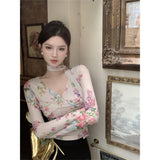 Fashion Sexy Hottie Retro Broken Flower Long-Sleeved T-Shirt Girl Winter New Slim Slim Short Top Tide