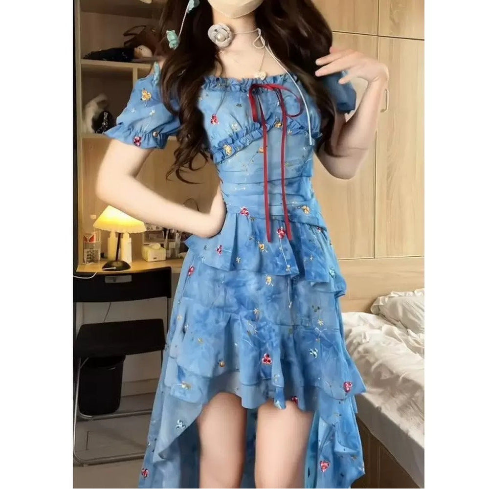 Beautiful Shoulder Blue Floral Dress Women's Summer Island Holiday Wind Short After The Long Irregular Sling Skirt