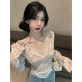Fashion Sexy Hottie V-Neck Lace Splicing Long-Sleeved T-Shirt Girl Spring New Slimming Inside Folding Cloth