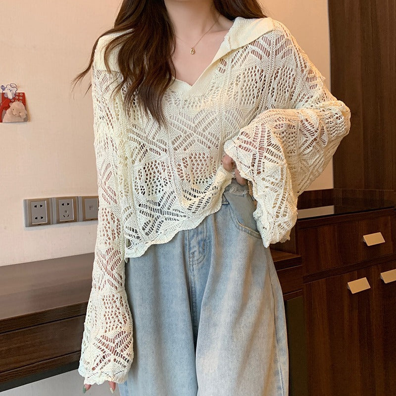 Kaning Hollow Design Hooded Long-Sleeved Knitted Shirt 2026 Autumn And Summer New Horn Sleeve Hottie Top Girl