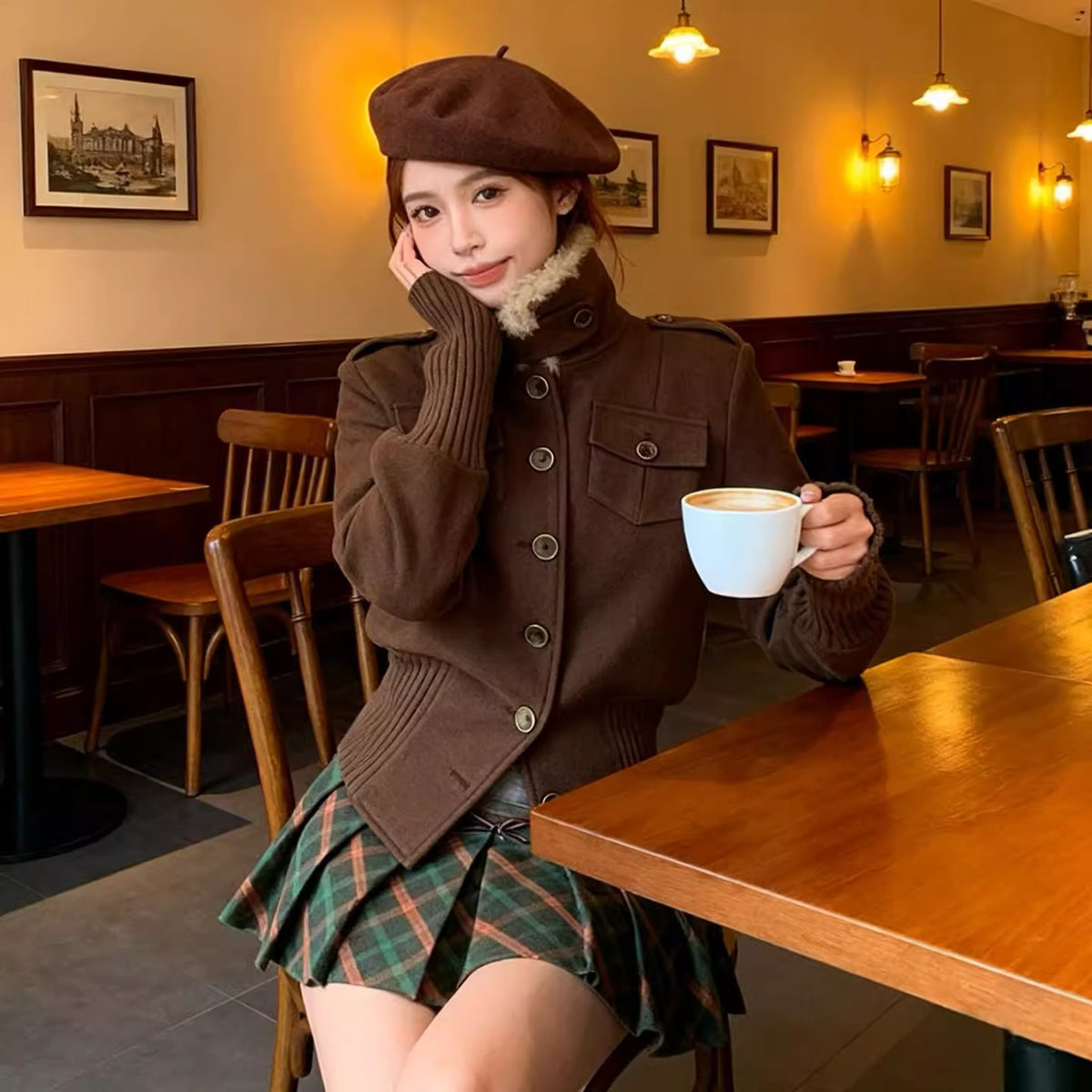 High-End Retro Temperament Curry Hair Collar Short Coat Old Money Wind Warm Waist Jacket Plus Cotton Wool Coat