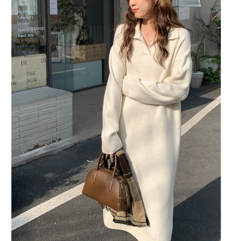 KANING College Wind Polo Collar Skirt Knitted Long Dress Women 2026 Autumn New Knitted Dress