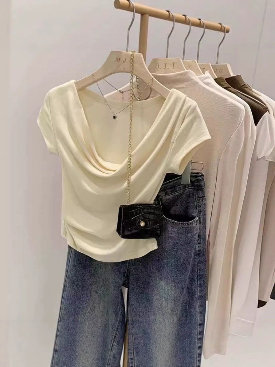 Ins Design Collared Shoulder T-Shirt Women's Short-Sleeved Summer Short-Sleeved Bloat To The Waist Sexy Pure Lust Sympathetic Girl