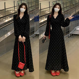 French Black V-Necked Long-Sleeved Dress Early Autumn New Look Temperament Waist Dress