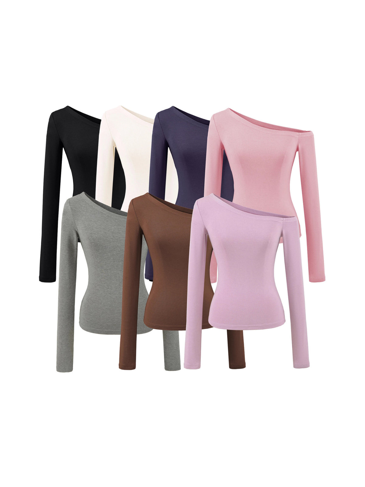 Solid Color Oblique Shoulder Shoulder-To-Shoulder Knitted Long-Sleeved Hottie Design Feel Bottom Blouse T-Shirt
