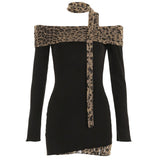 French Temperament Out-Shoulder Leopard-Print Spliced Long-Sleeved Dress Women's New Spring Slimming Ass Short Skirt