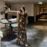 Loose-Carded Long-Sleeved Coat Women's Autumn With Sling Dress Retro Floral Dress Two
