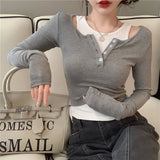 Tide Brand Fake Two Pure Want To Match The Color Splicing Long-Sleeved T-Shirt Girl Autumn New Hottie Slimming On The Top