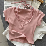 Summer Fake Two Slings Hanging Neck Short-Sleeved T-Shirt Women's Pure Lustful Style Sexy Slim Slim Thin Thin Clothes