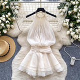 Pure Desire To Hang Neck Nail Beads Hanging Dress Goddess Fan Temperament Waist Lotus Leaf Side Chiffid Skirt Fairy Style Holiday Dress