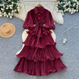 French Retro Court Heavy Industry Nail Drill Lantern Sleeve Strap To The Waist To Show Thin Temperament Lotus Leaf Side Pressure Skirt Dress
