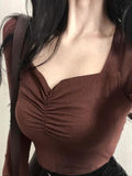 Pure Collar Folded Horn Sleeve Short T-Shirt Girl Slim Thin Hottie Sexy Long-Sleeved Knitting Blouse Ins