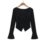 V-Necked Women's Niche Hottie Double Zipper Wrinkle Folded T-Shirt Pure Desire To Hit The Bottom Of The Top Horn Sleeve