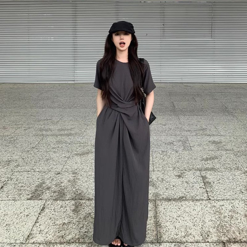 Small Design Cross-Tieed Short-Sleeved Dress Summer Femininity High-End Feeling Waist Thin A Word Long Skirt
