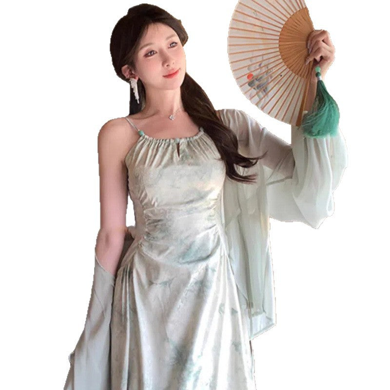 2025 Long Green Sling Skirt Summer New Waist Temperament Hanging Neck New Chinese Dress Two Sets