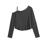 Street Pat Short Shoulder Curved Loose Long-Sleeved T-Shirt Personality Asymmetrical Fashion Tops Thin