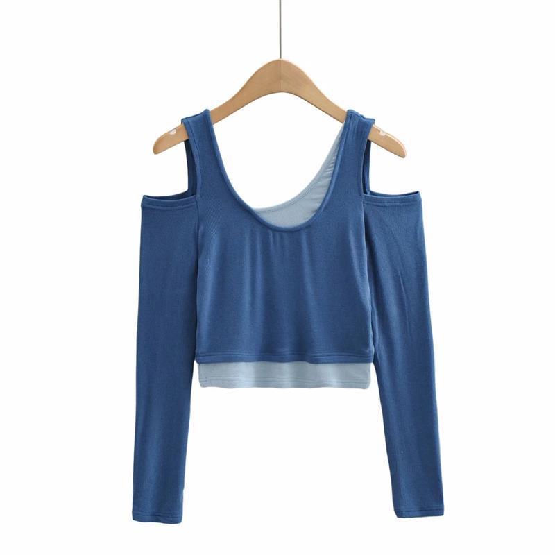 New Fashion Open Shoulder Elastic Slimming Short-Sleeved T-Shirt Two Stacks Of Bumpy Bottom Shirt