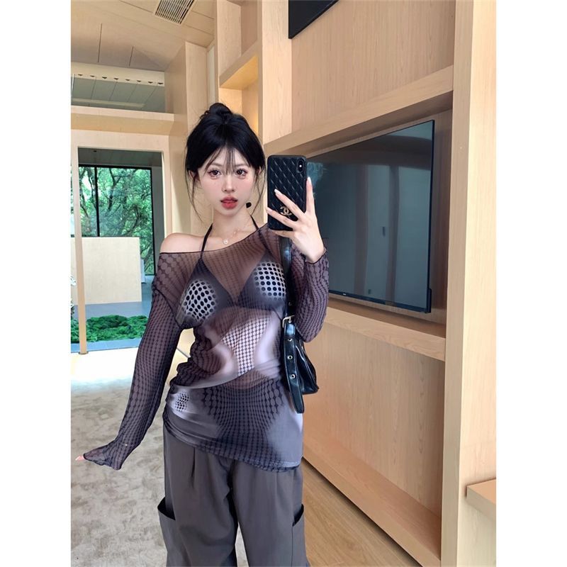 Fashion Design Feels The Shoulder Long-Sleeved T-Shirt Girl Summer New Slimming Inside The Folding Mesh Yarn Top