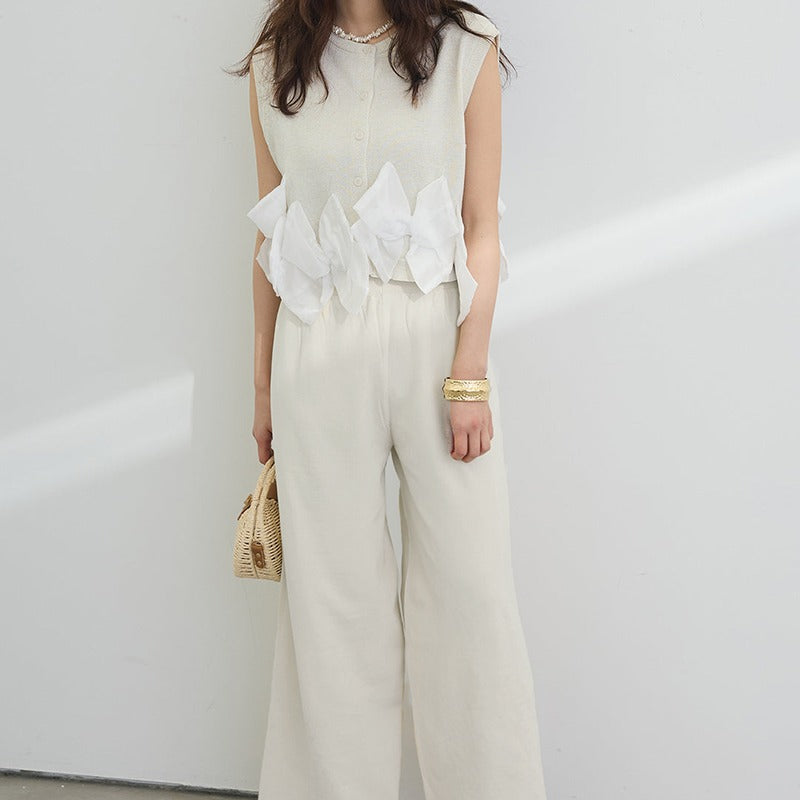 Real Shooting A Large Number Of Four Seasons Can Be Folded Can Wear A Single Female Striped Solid-Colored Bow Top + Women's Broad Pants