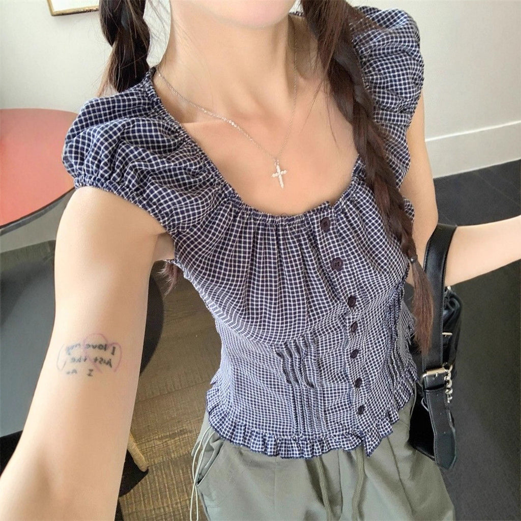Korean Vintage Square Collar Bubble Sleeve Shirt Women's Summer Design Sense Unique Special Short Small Shirt Top