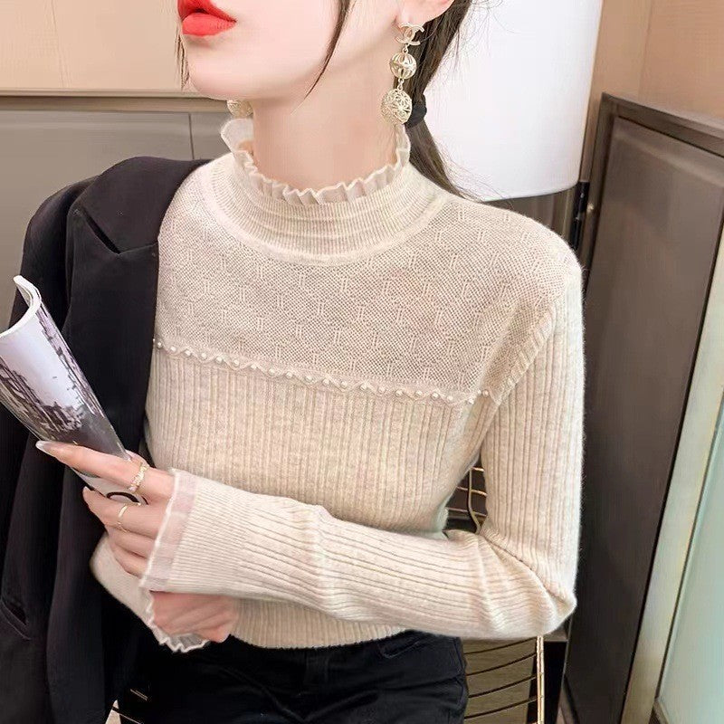 KANING Stylish Stylish Temperament Pearl T-Shirt By Lace Knitted Shirt Half-Led Sweater