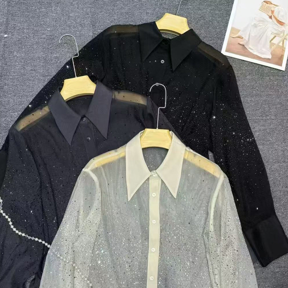 European Heavy Industry Hot Diamond Sun Protection Shirt Women's Flip-Flop Thin Cardigan Showing Thin Silk Shirt Top Summer