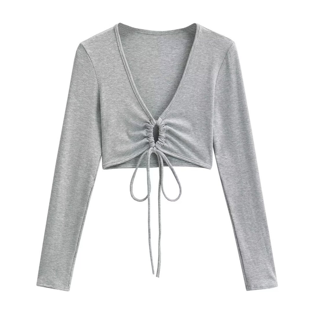 Spice Girls Spring Ultra-Deep V Rope With Long Sleeve T-Shirt Shawl Short Coat Top