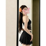 Fashion Korean Style Retro Wave Dot Mesh Yarn Babes Sling Women Summer High Waists Thin Pure Desire Casual Short Skirt Set