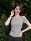 Korean Double Gray Shoulder Design Embossed Short-Sleeved T-Shirt Women's Oblique Shoulder