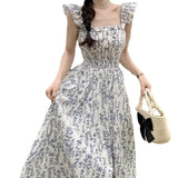 Small Flying Sleeve Dress Summer New Small Fresh French Gentle Strap Dress Repair Height Waist Thin Dress