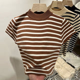 Half-High-Necked Striped Knitted Flying Sleeves To Fix The Little Shirt Girl's Short-Sleeved Bottom Shirt