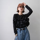Multiplication A Large Number Of Goods Spring And Autumn And Winter New Women's Long Sleeve Heavy Industry Splicing Lotus Leaf Side Long Sleeves Of Clothing Fashion Top