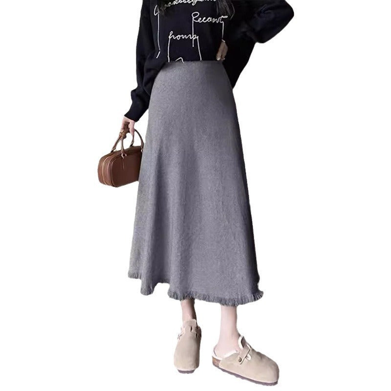 KANING Ray Knitted Half-Dress Women's Autumn And Winter New High-Rise Slim Solid Dress Mid-Long Skirt