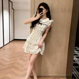French Storm Point Lace Spliced Flying Flying Sleeve Dress Girl's Small Temperament Waist Bow Bow A Short Skirt