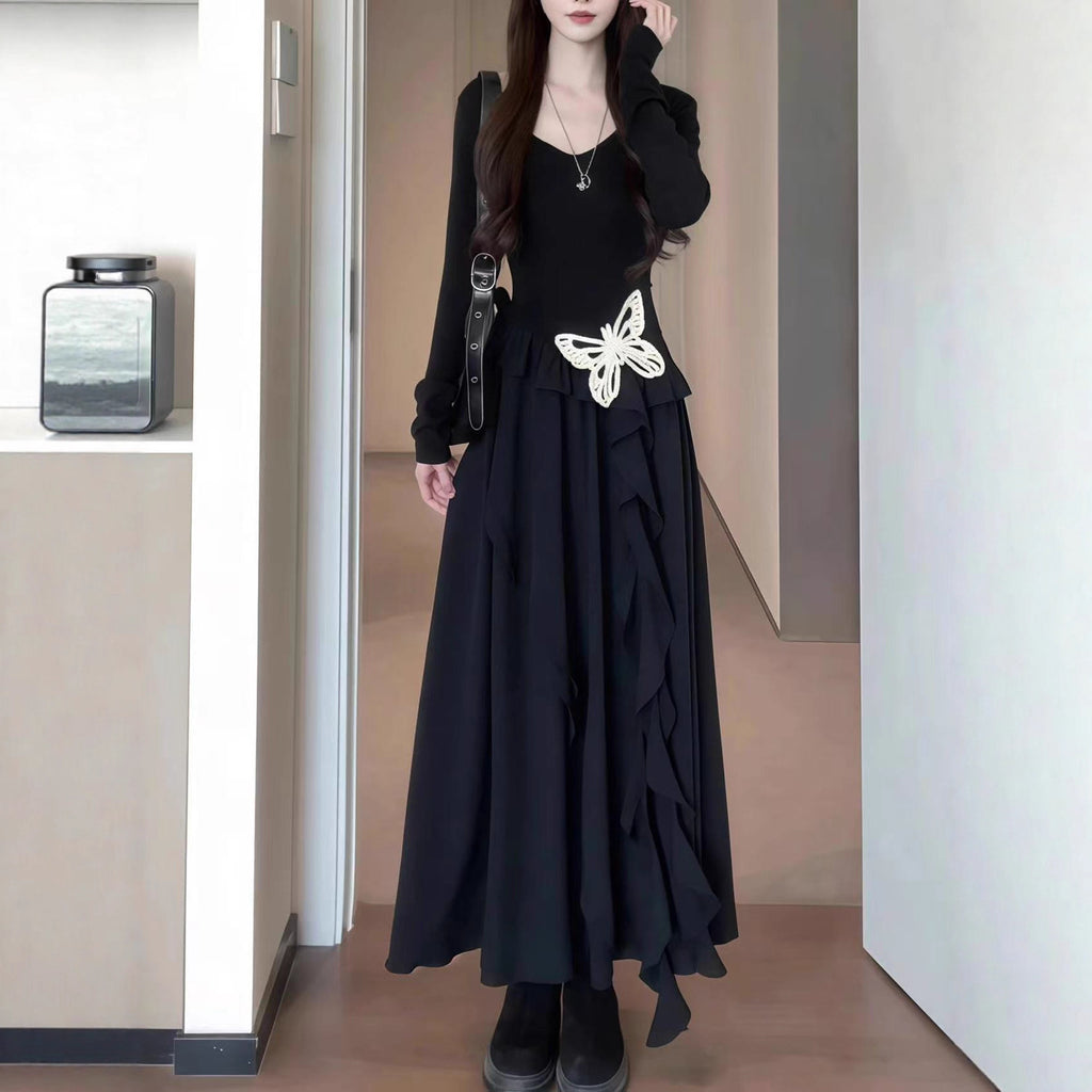 2025 Autumn Dress New Long-Sleeved Irregular Butterfly Small Black Dress Early Autumn Wearing Elastic Waist Dress
