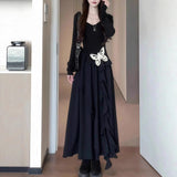 2025 Autumn Dress New Long-Sleeved Irregular Butterfly Small Black Dress Early Autumn Wearing Elastic Waist Dress