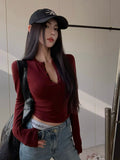 Spice Girls Slim Elastic Long Sleeves Shoulder T-Shirt Girls Spring And Autumn Sexy Body Bottoming Shirt Tight Thin Top