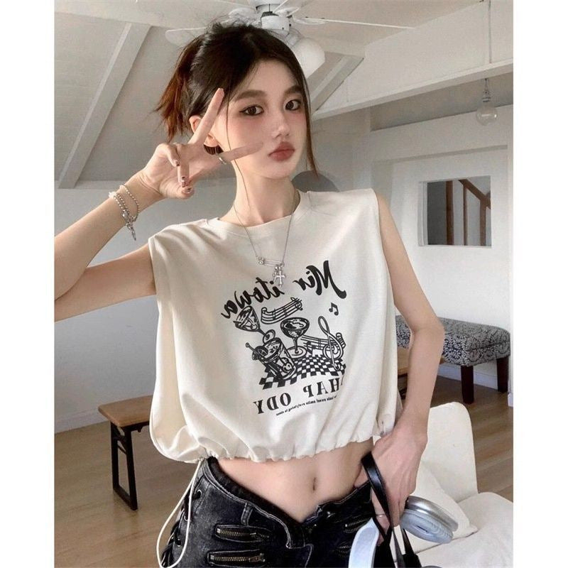 Vintage Babes Shoulderless T-Shirt Girl Summer Small Loose Thin Short Rope Waistcoat