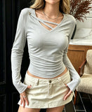 Spice Girls V-Neck Crossing Long Sleeve T-Shirt Girl Spring And Autumn Slimming Slender Lavel Short Understuff